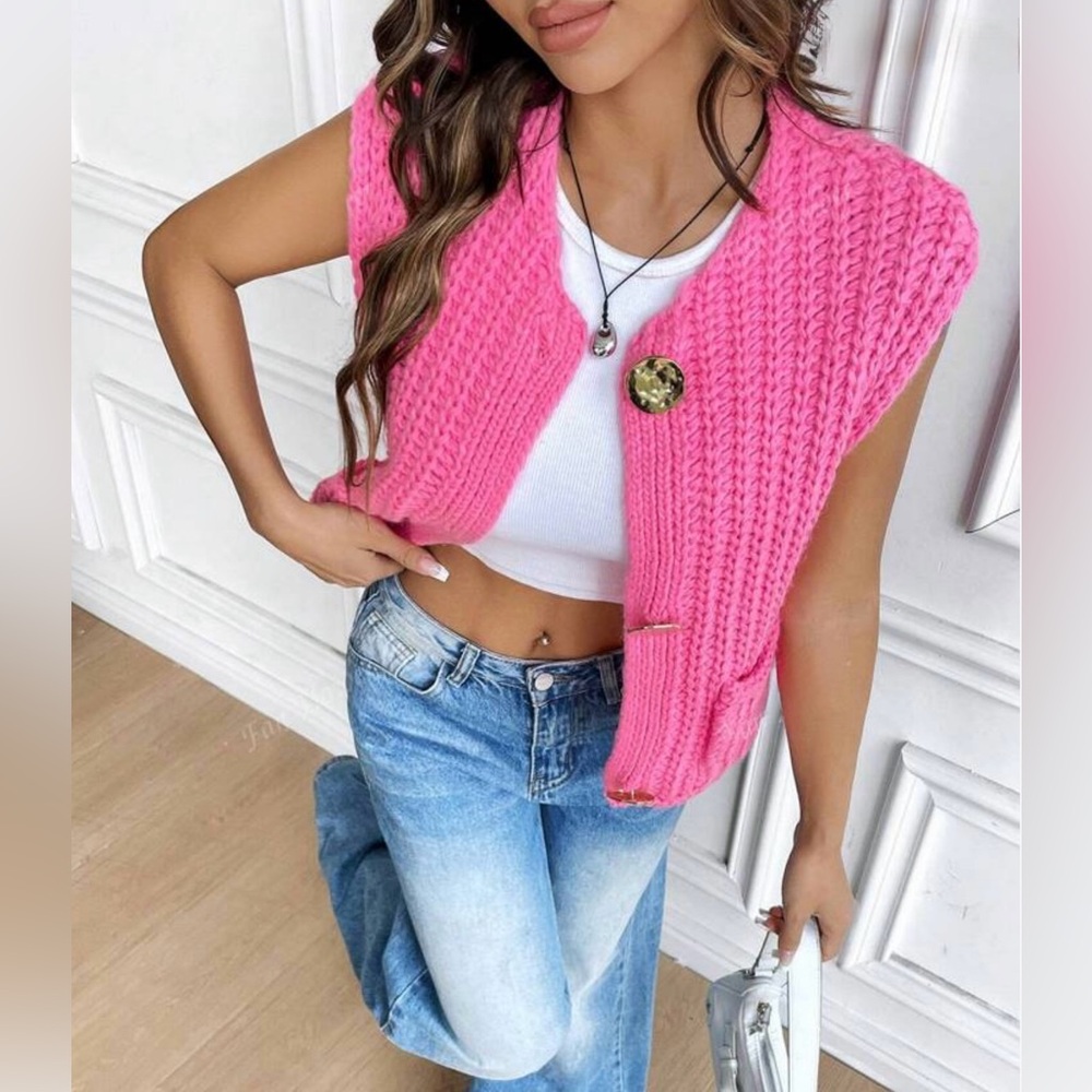 Sleeveless Chunky Knit Button Vest - Hot Pink - Picture 7 of 7